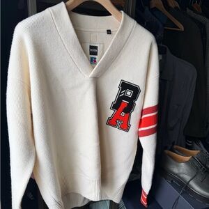 Hugo Boss White V-Neck Sweater with Red Accents